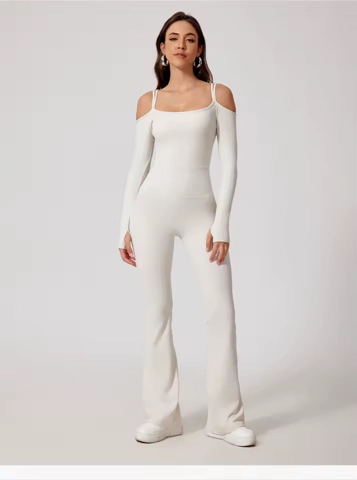 SYLA Solstice Jumpsuit – Off-Shoulder Long Sleeve Flared Leg
