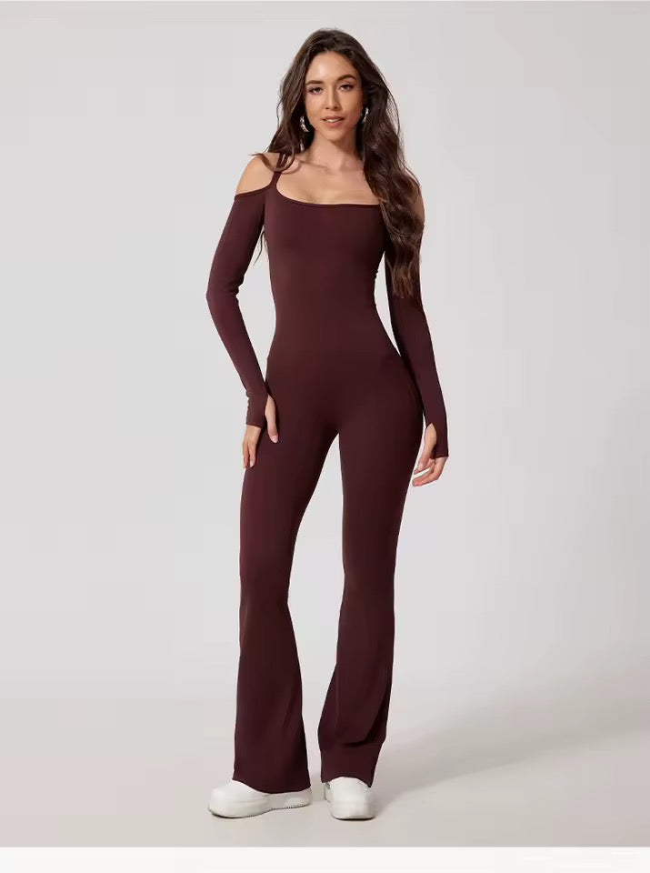 SYLA Solstice Jumpsuit – Off-Shoulder Long Sleeve Flared Leg